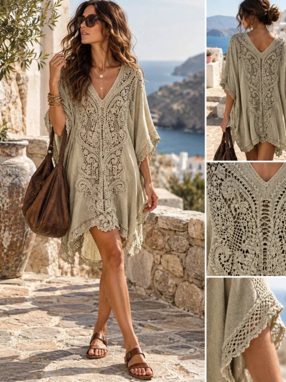 Anthropologie Linen Kaftan Crochet Tunic Dress XS/S